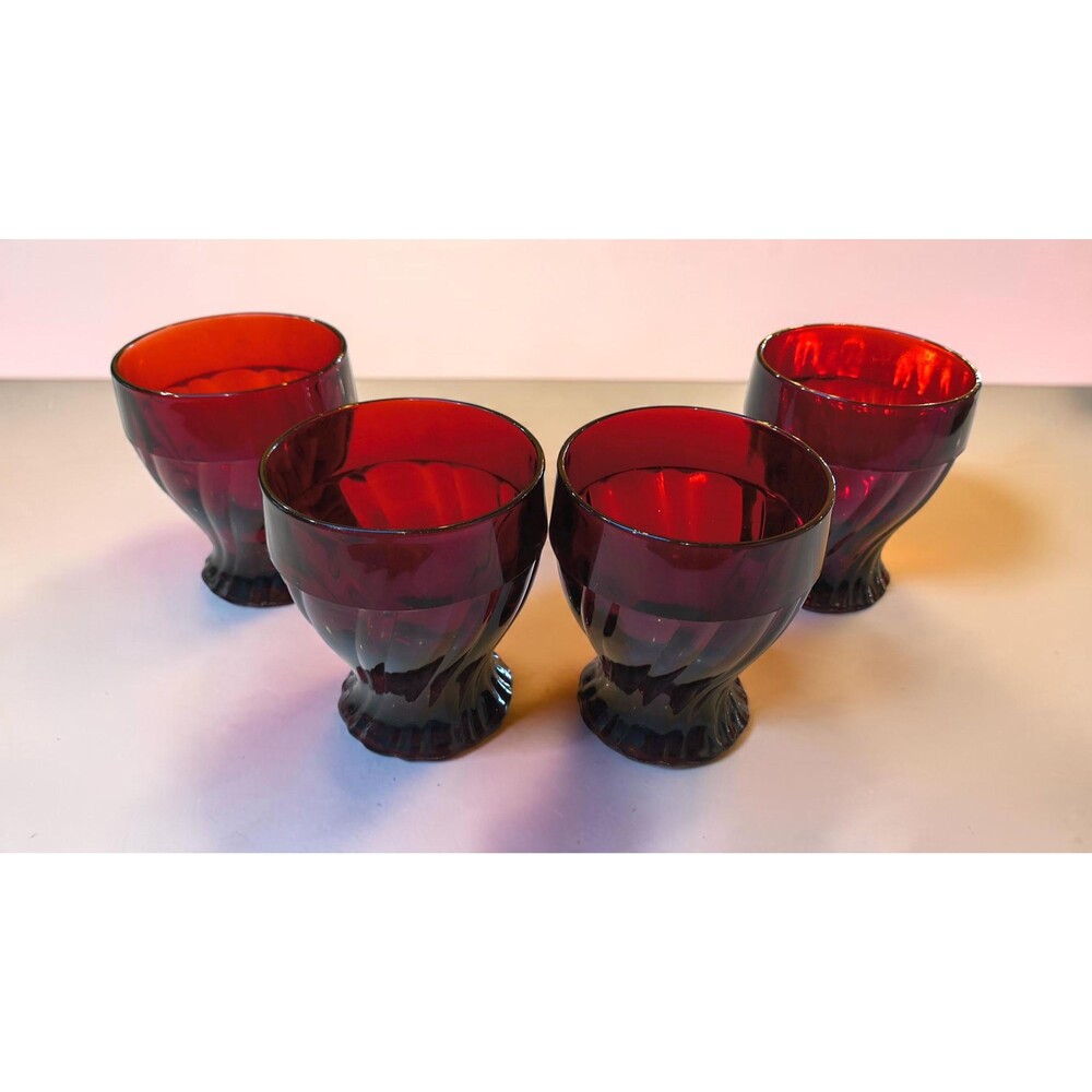 Set of 4 Vintage MCM Ruby Red Swirl Glass Tumblers / Juice Glasses.